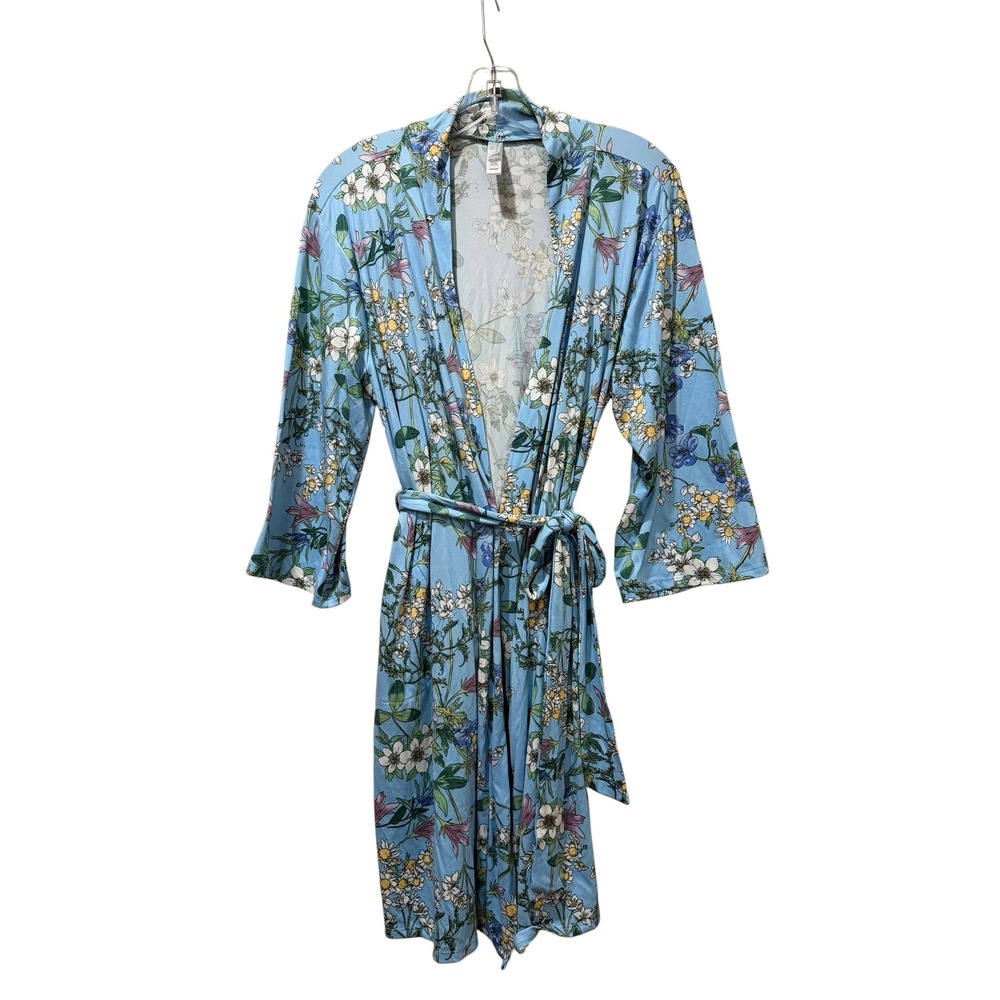 FN by Flora Nikrooz Blue Floral Robe Small Jersey Knit Wrap Belted Loungewear